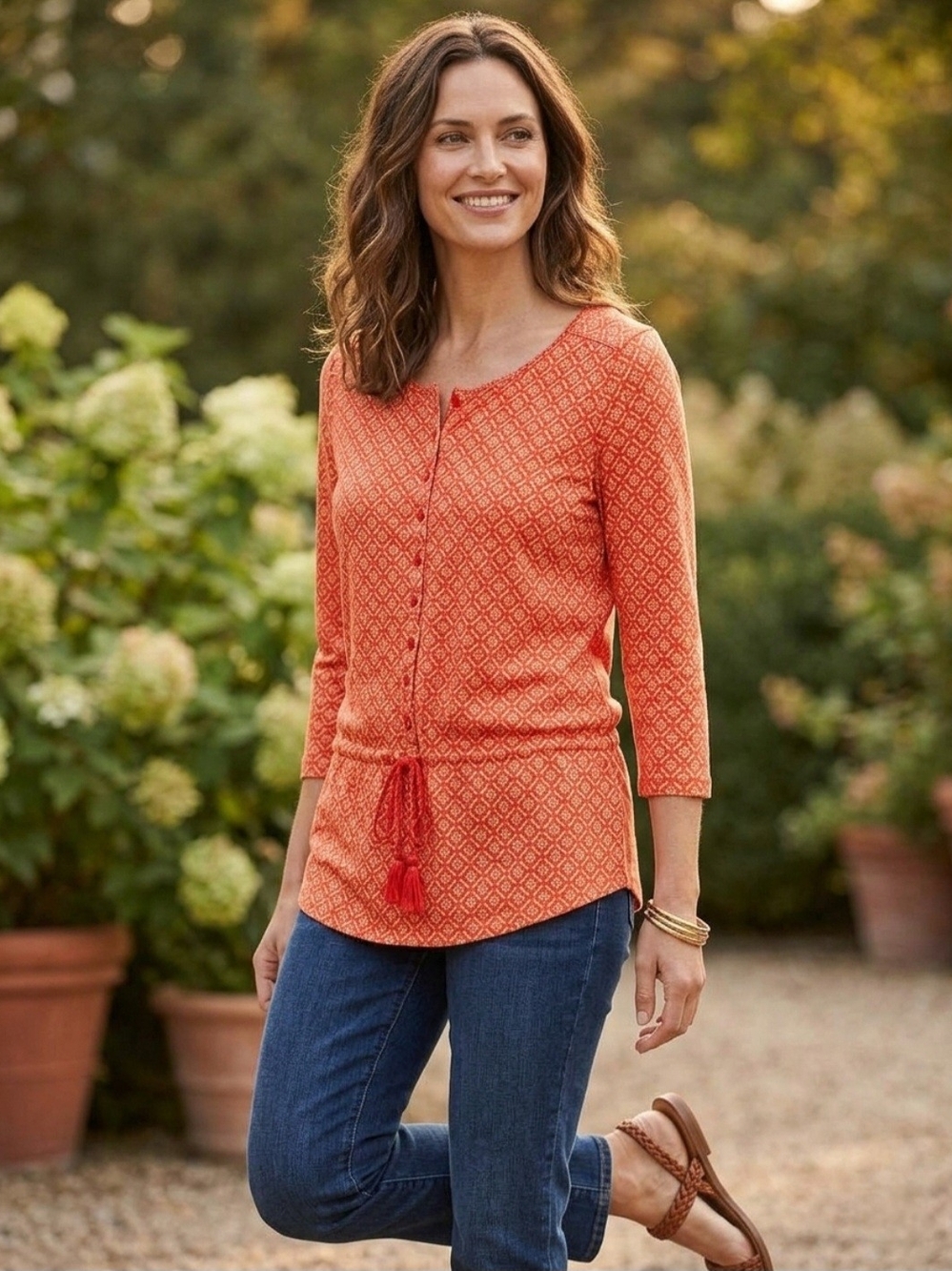 Ralph Lauren Orange Diamond-Print Button Tunic with Waist Tie
